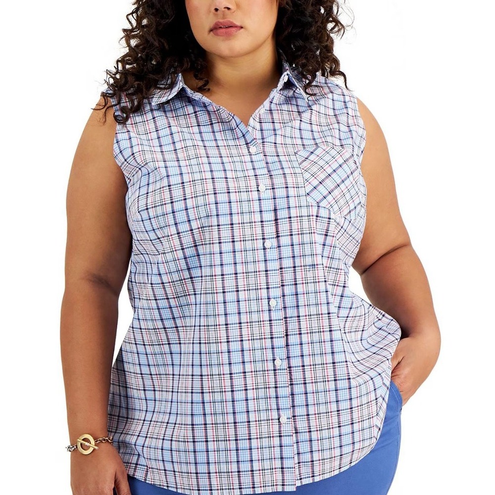 Tommy Hilfiger Womens 2XL Plaid Tank Top Red White Blue Americana Button Down